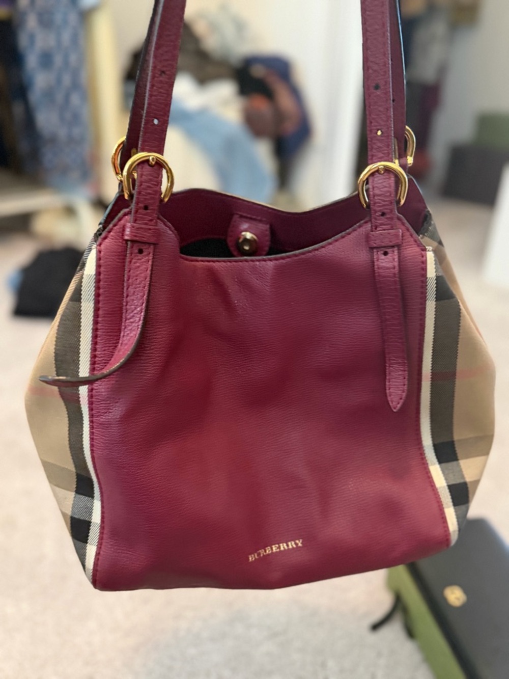 Burberry Burgundy Leather Shoulder Bag with Classic Check Panels